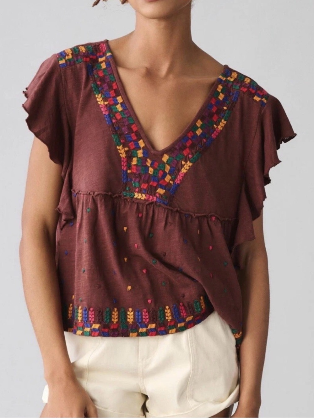 Anthropologie Embroidered Flutter Ruffle-Sleeve V-Neck Women's Top — Rust